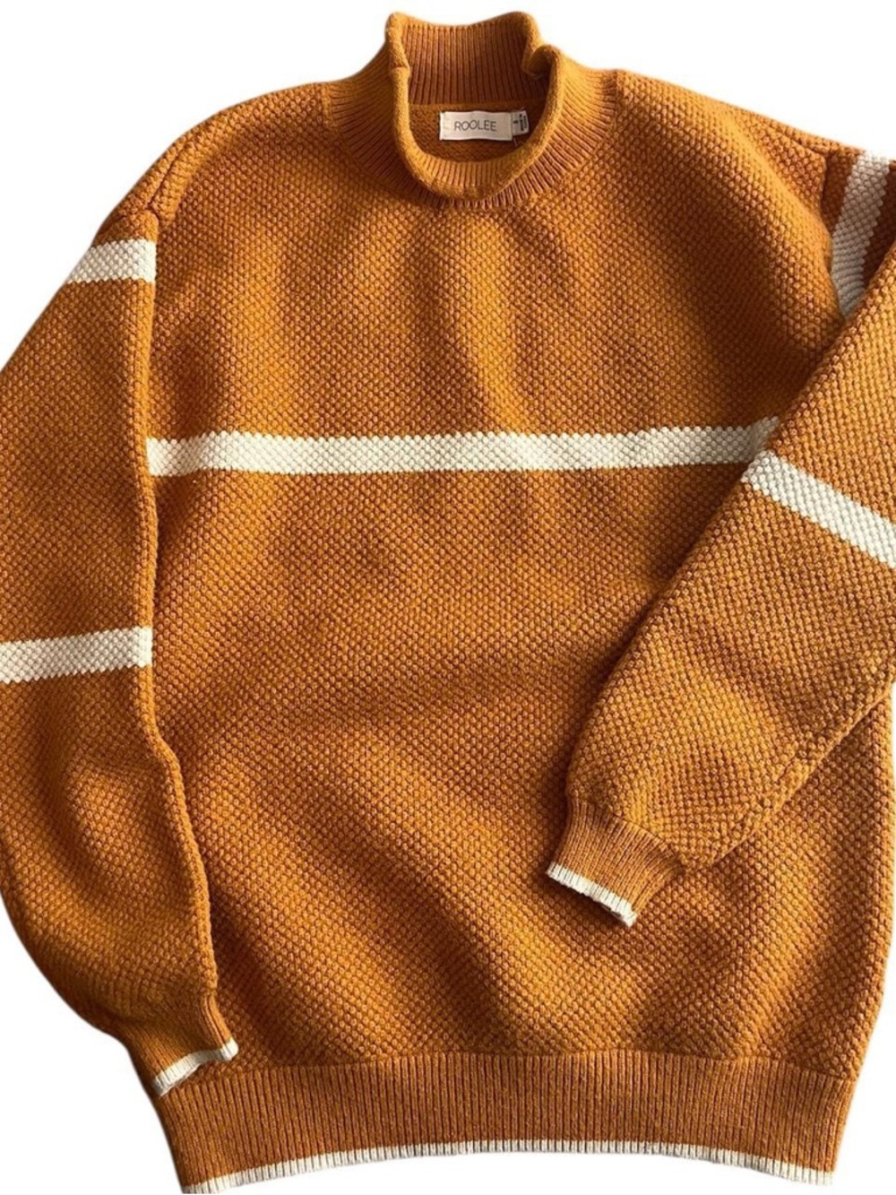 RooLee Women's Mustard Crewneck Sweater with White Stripe Small